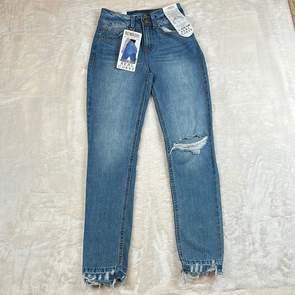 Rewash Real Curve The Mom Jean Blue Straight Leg Jeans with Distressed Details